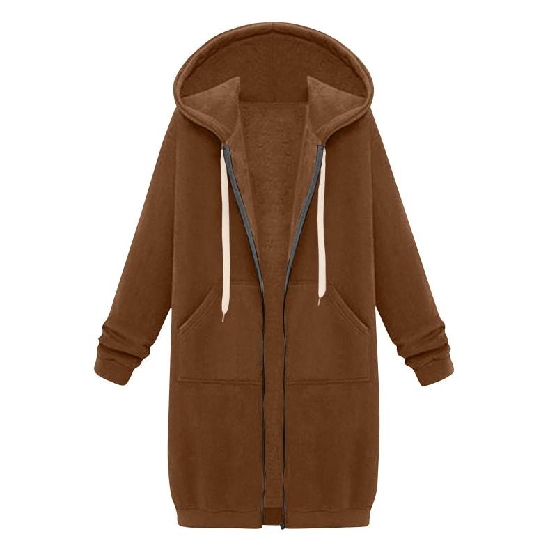 Lässige Kapuzenjacke mit Reißverschluss für Damen, langes Tunika-Sweatshirt, winddicht, für den Winter, Kordelzug, Kapuzenjacke, Oberbekleidung mit Taschen XXL kaffeebraun von Joom DACH
