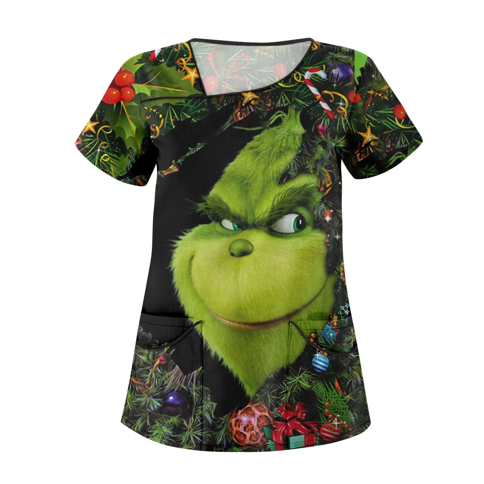 Lässige Kurzarm-Arbeitskleidung für Damen mit Weihnachts-Cartoon-Aufdruck und Doppeltaschen L von Joom DACH