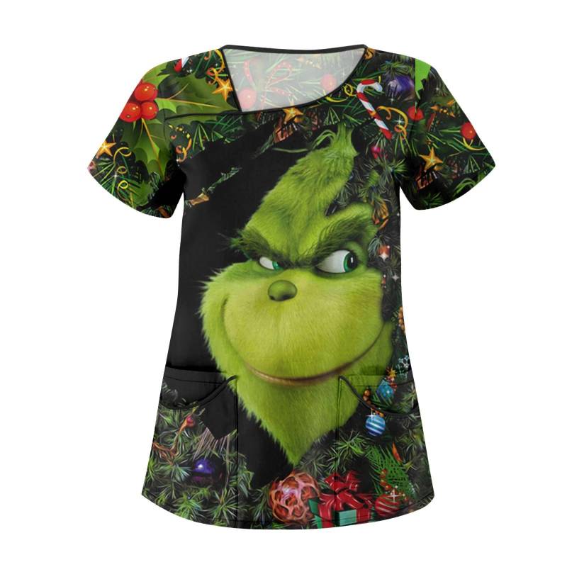 Lässige Kurzarm-Arbeitskleidung für Damen mit Weihnachts-Cartoon-Aufdruck und Doppeltaschen L von Joom DACH