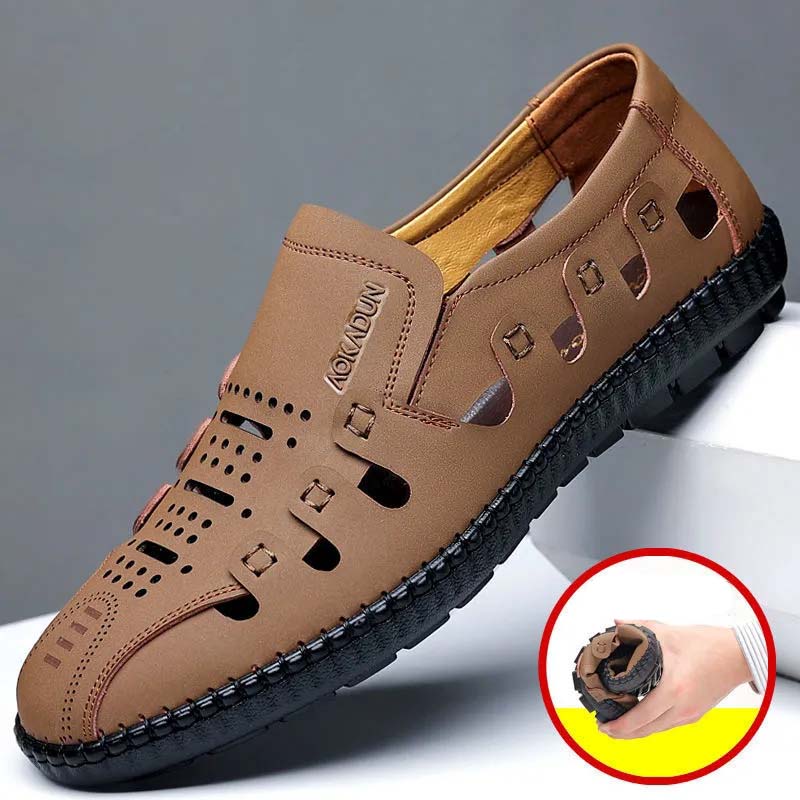Lässige Ledersandalen für Herren, Sommer, hohle Lederschuhe, atmungsaktive Lochschuhe, flache Schuhe, Jugendsandalen, Slip-on-Strandsandalen, rutschfeste PU-Sandalen 44 khaki von Joom DACH