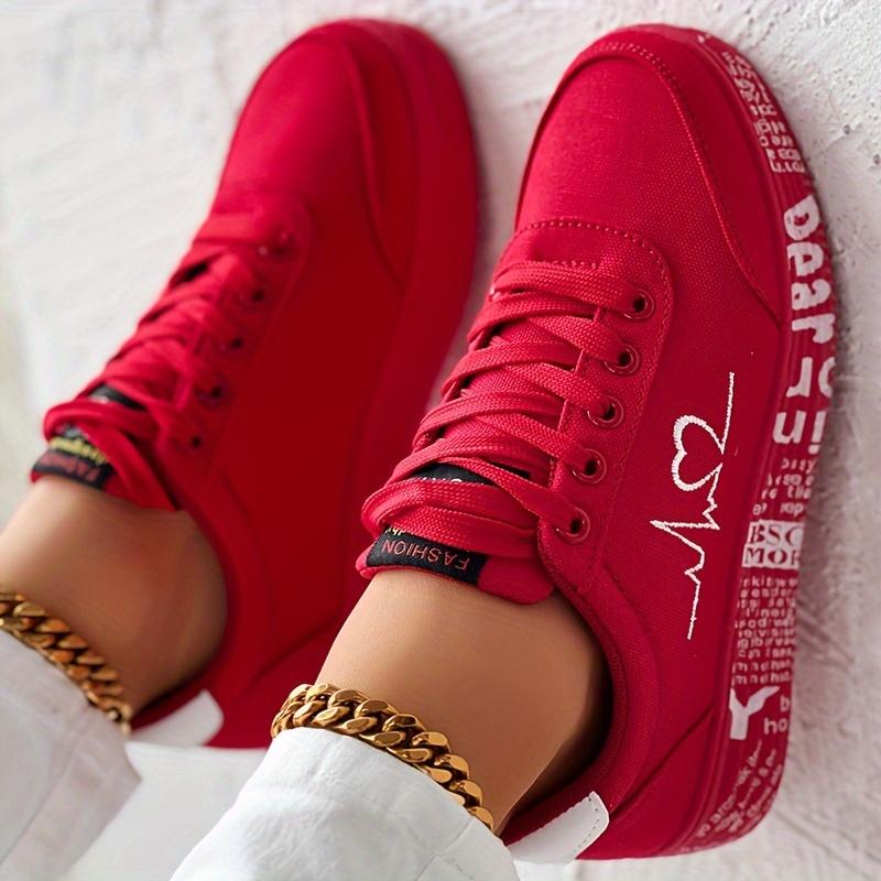 Lässige Sneakers mit Herz-Print für Damen, Plateau-Skateschuhe mit Schnürung und weicher Sohle, vielseitige Dating-Schuhe mit niedrigem Schaft 37 rot von Joom DACH