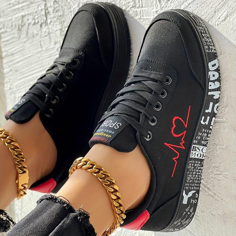 Lässige Sneakers mit Herz-Print für Damen, Plateau-Skateschuhe mit Schnürung und weicher Sohle, vielseitige Dating-Schuhe mit niedrigem Schaft 41 schwarz von Joom DACH
