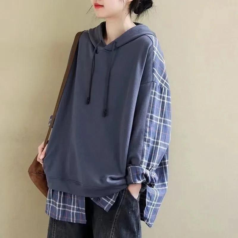 Lässige koreanische Langarm-Shirts mit Kapuze für Damen, Harajuku Oversized Plaid Patchwork Kapuzen-T-Shirts L grau Lässige koreanische Langarm-Shirts mit Kapuze für Damen, Harajuku Oversized Plaid Patchwork Kapuzen-T-Shirts L grau von Joom DACH