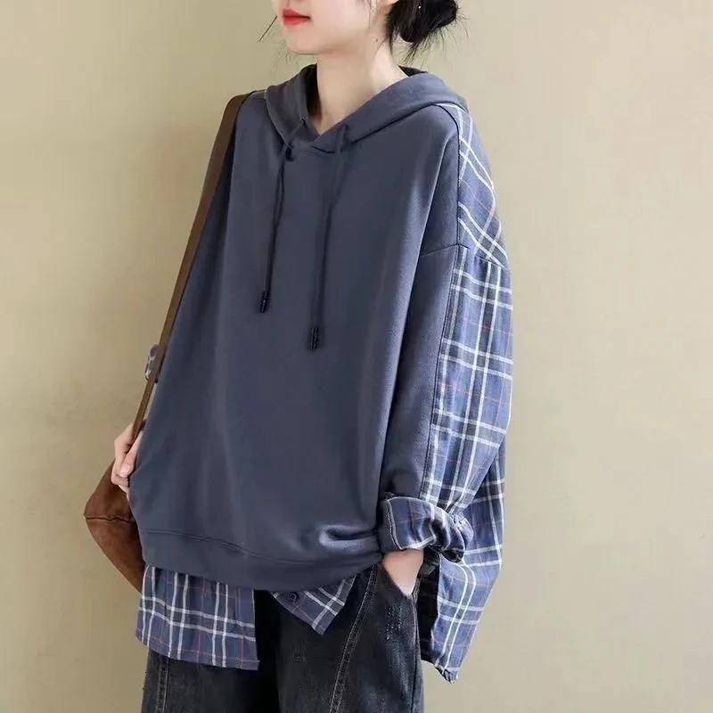 Lässige koreanische Langarm-Shirts mit Kapuze für Damen, Harajuku Oversized Plaid Patchwork Kapuzen-T-Shirts XXXL Lässige koreanische Langarm-Shirts mit Kapuze für Damen, Harajuku Oversized Plaid Patchwork Kapuzen-T-Shirts XXXL von Joom DACH