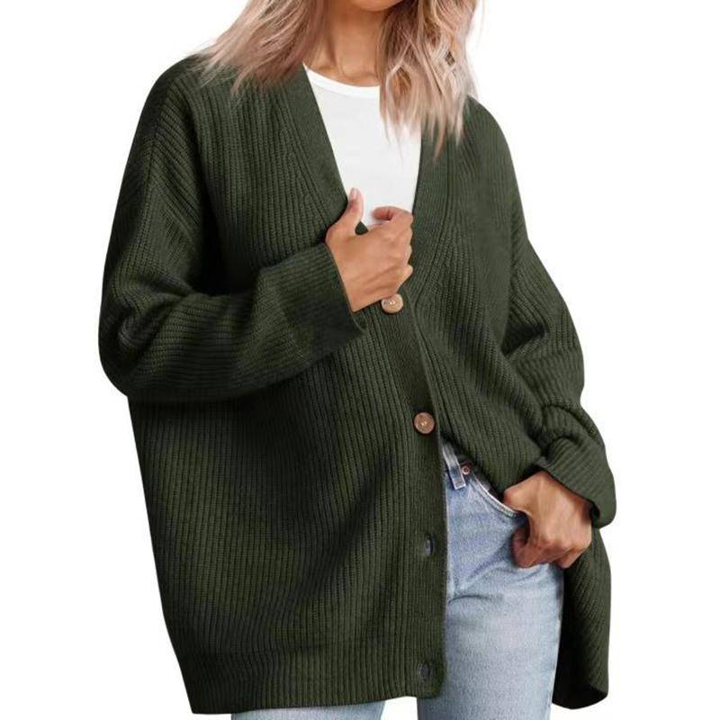 Lässiger, einfarbiger Strickjackenpullover für Damen mit V-Ausschnitt, langen Ärmeln und Knopfleiste, warmer Pullover für Damen, weicher, bequemer, warmer, einfacher Pullover 4XL armee grüne von Joom DACH