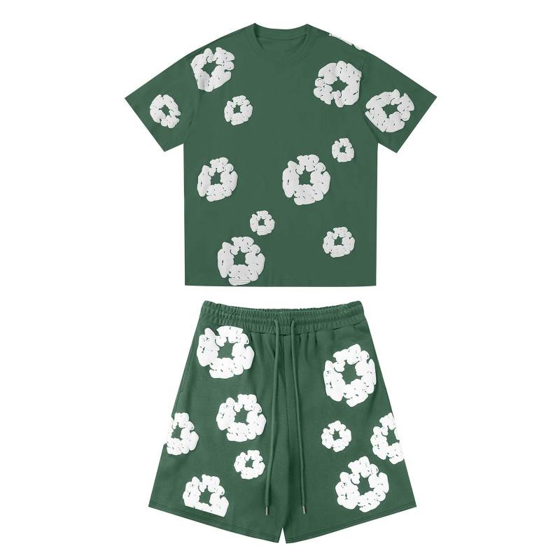 Lässiger, locker sitzender bedruckter T-Shirt und Shorts für Damen und Herren, zweiteiliger Street-Fashion-Trend, kurze Ärmel + Shorts M grün von Joom DACH