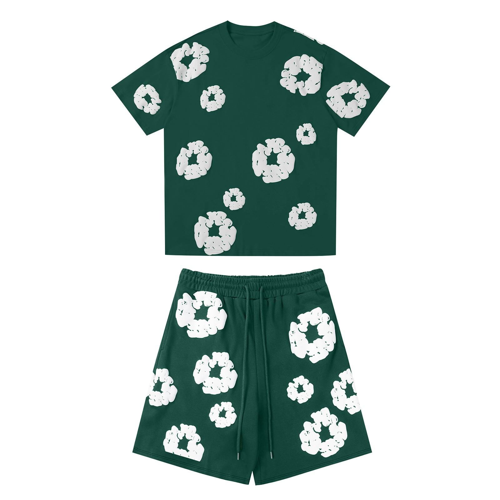 Lässiger, locker sitzender bedruckter T-Shirt und Shorts für Damen und Herren, zweiteiliger Street-Fashion-Trend, kurze Ärmel + Shorts S grün von Joom DACH