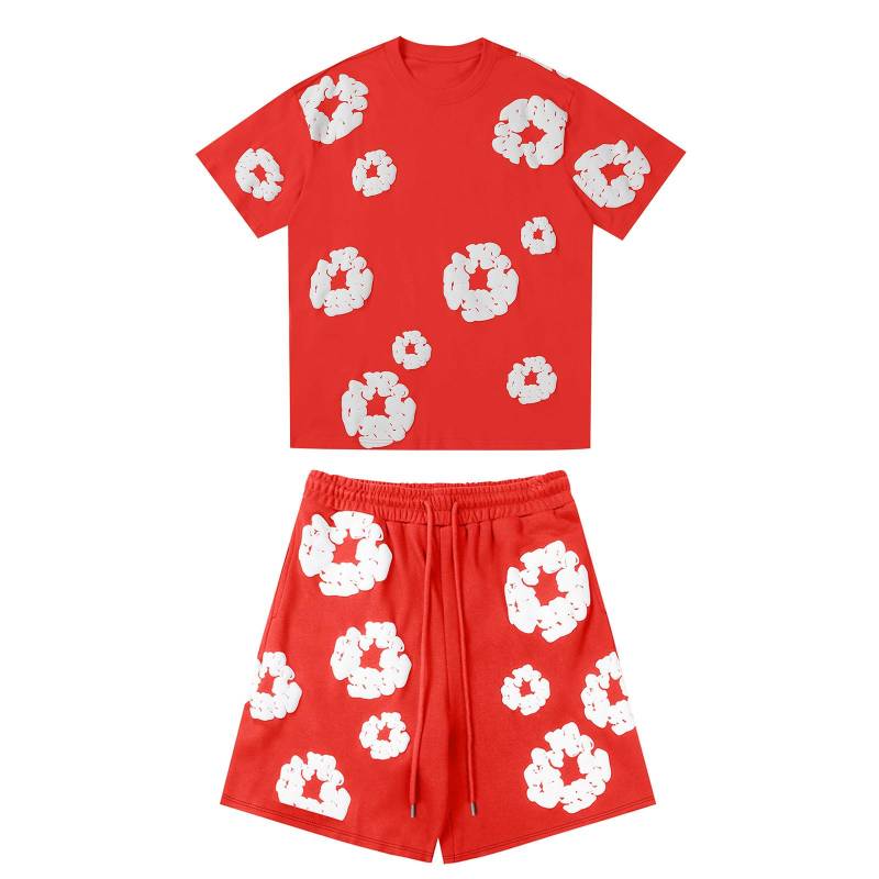 Lässiger, locker sitzender bedruckter T-Shirt und Shorts für Damen und Herren, zweiteiliger Street-Fashion-Trend, kurze Ärmel + Shorts XL rot von Joom DACH