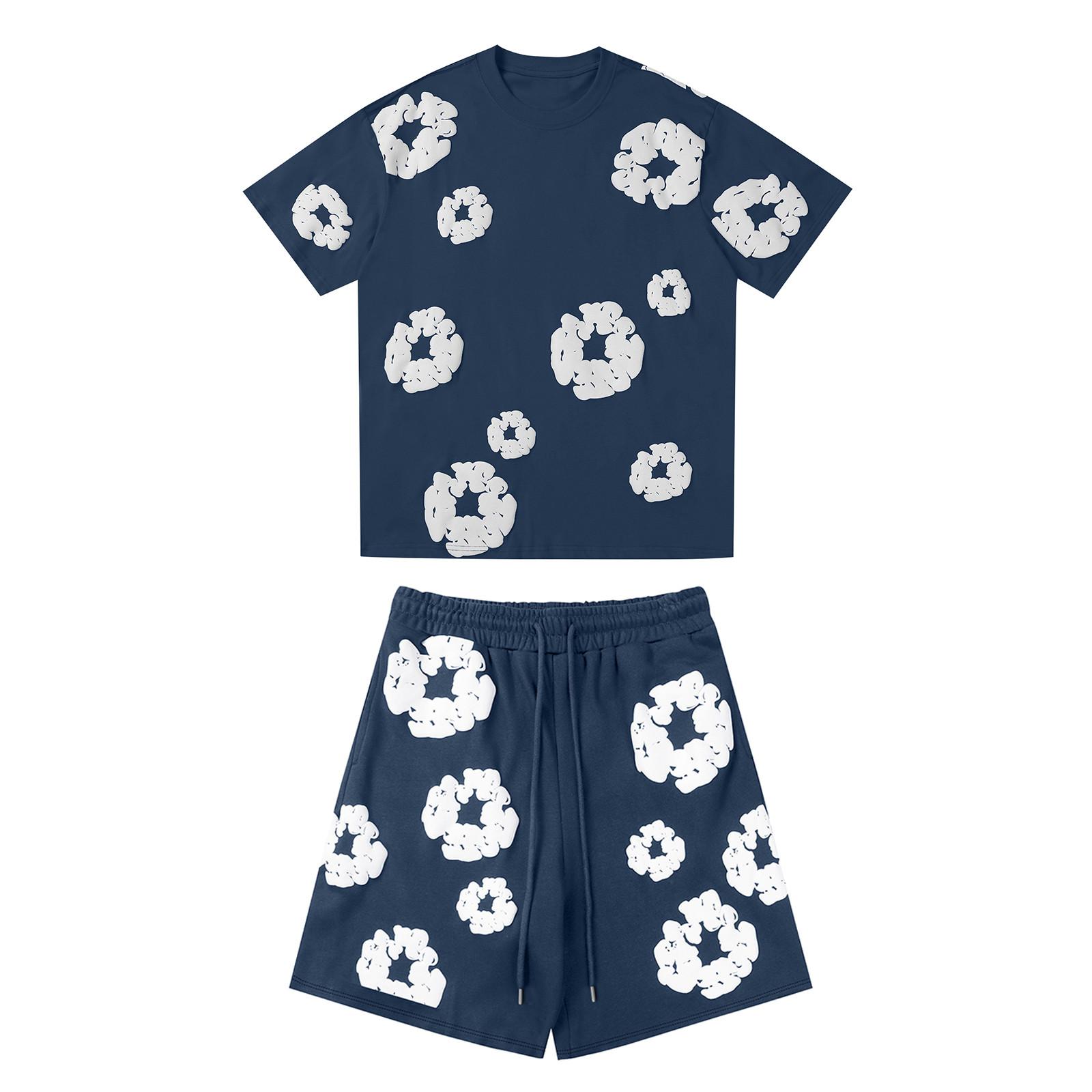 Lässiger, locker sitzender bedruckter T-Shirt und Shorts für Damen und Herren, zweiteiliger Street-Fashion-Trend, kurze Ärmel + Shorts XL blau von Joom DACH