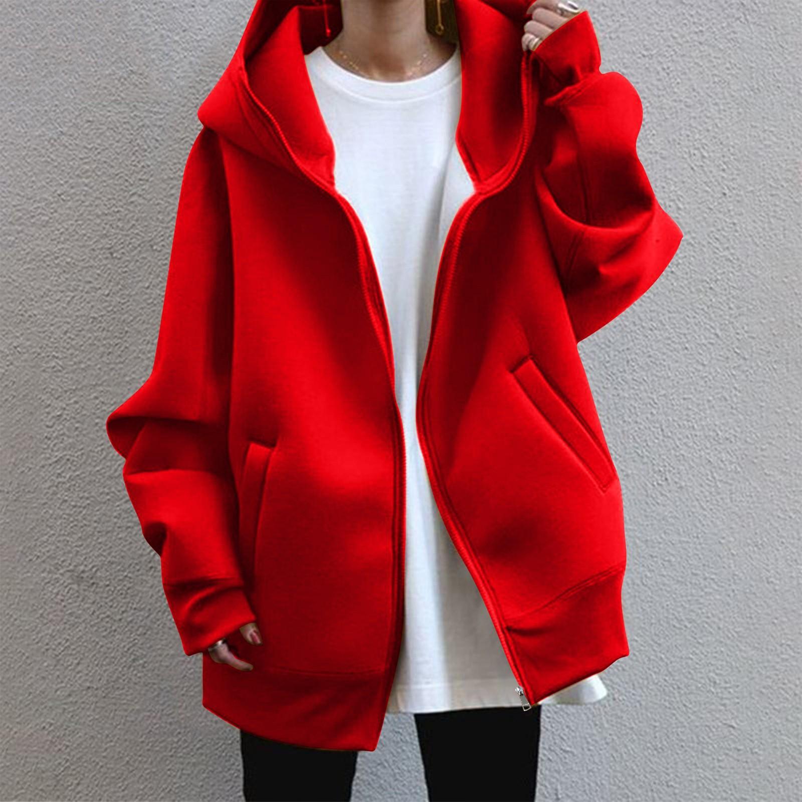 Lässiger, lockerer, langärmliger, gepolsterter Sweatshirt-Mantel mit Kapuze für Damen XL rot von Joom DACH