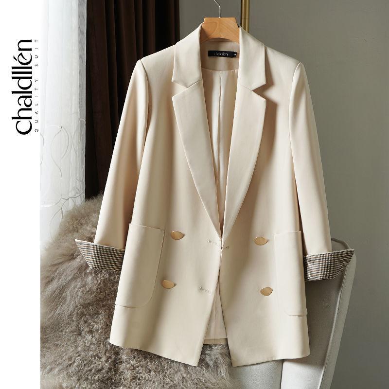 Lässiger Blazer für Damen, mittellang, britischer Stil, zweireihig, lockere Jacke, Langarm, Revers, Frühling, Herbst, Thermojacke, dünner Trenchcoat S von Joom DACH