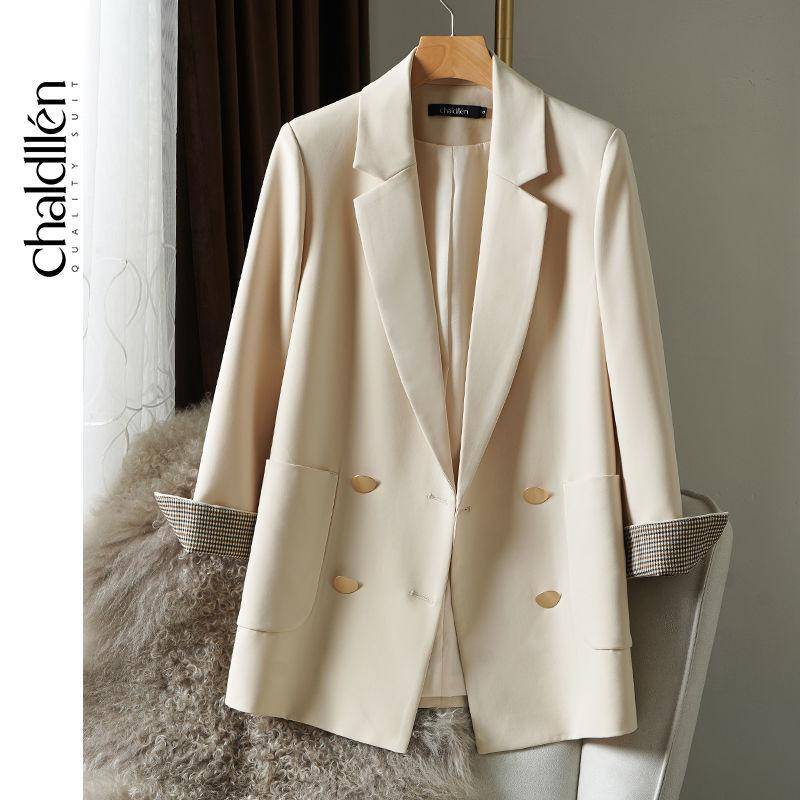 Lässiger Blazer für Damen, mittellang, britischer Stil, zweireihig, lockere Jacke, Langarm, Revers, Frühling, Herbst, Thermojacke, dünner Trenchcoat S von Joom DACH