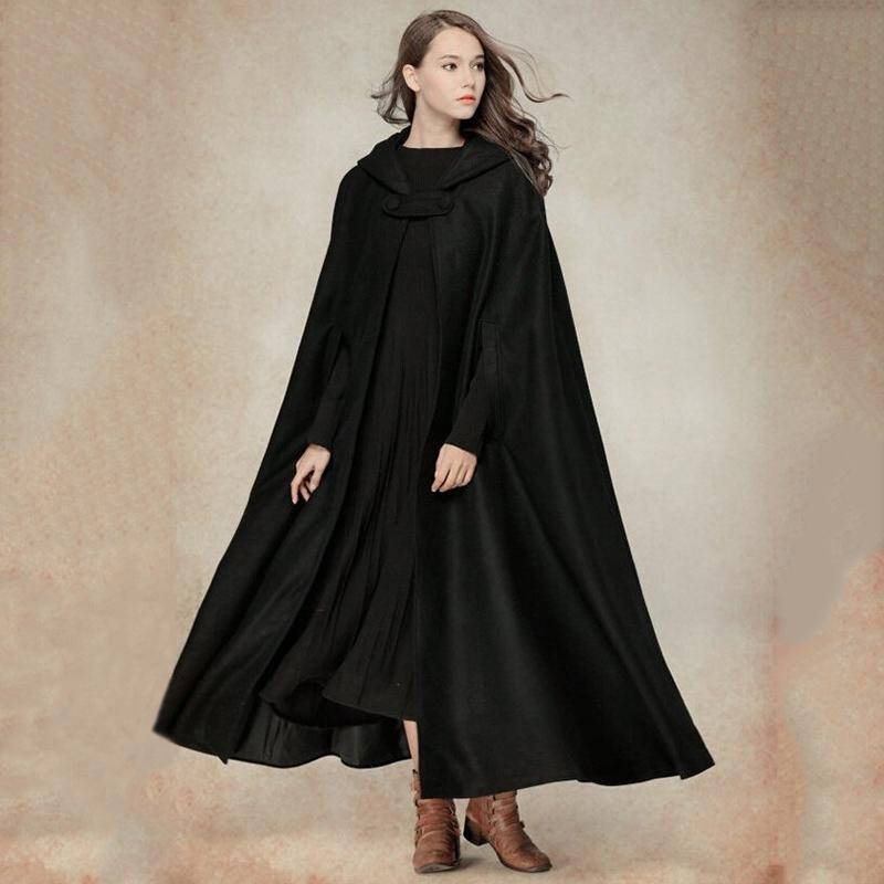 Lässiger Damen-Wintermantel mit Kapuze, ärmellos, Knopfverschluss, langer Umhang, Kostüm, Cosplay-Oberbekleidung L schwarz von Joom DACH