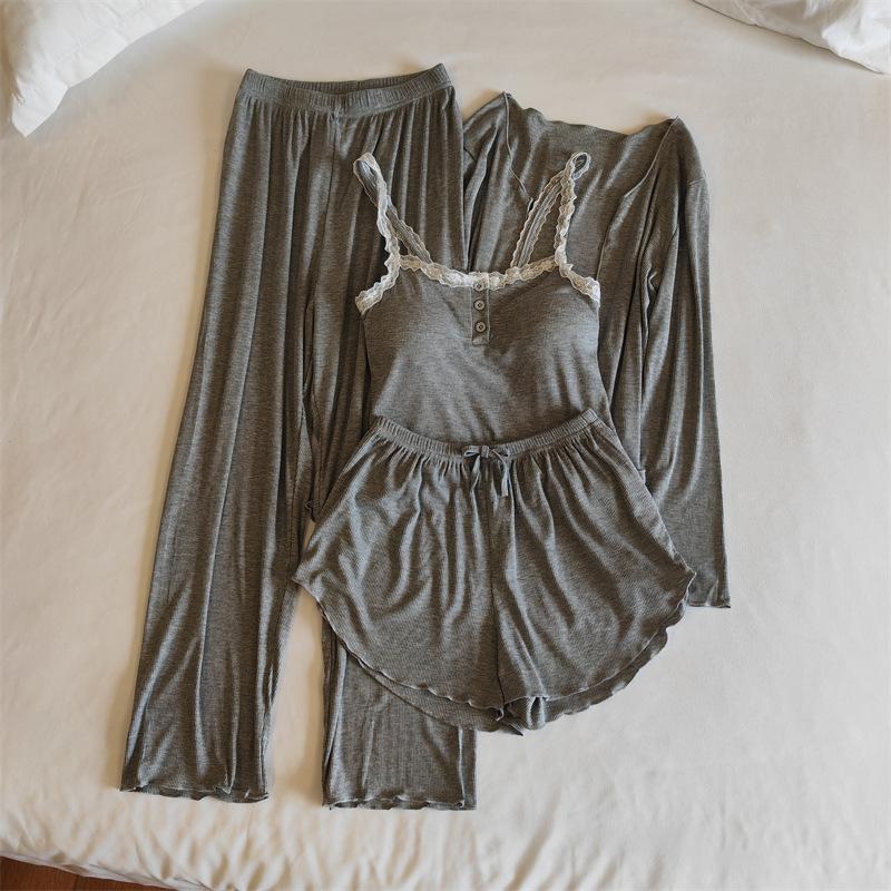 Lässiger Modal-Pyjama Vierteiliges Set Damen Träger Top Langarm Strickjacke Kurze Hose Anzug Locker Einfarbig Nachtwäsche Loungewear 2XL grau von Joom DACH
