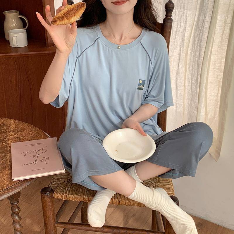 Lässiger Pyjama Damen Niedliche Pyjama-Sets Herbst Winter Kurze Ärmel Wadenlange Hose Modal Damen Pyjama Weicher Pijamas Pullover XL von Joom DACH