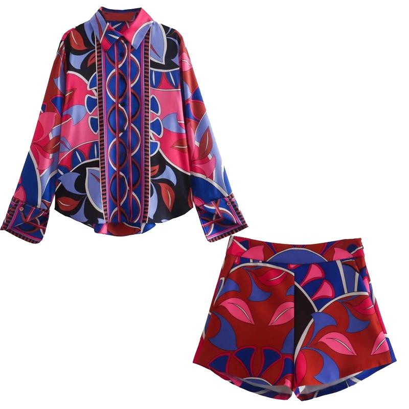 Lässiger Sommeranzug Fließender Druck Lockere Nachtwäsche Damen 2-teilig Langärmelig Weitbeinige Hose Damen Pyjama-Set Vintage Streetwear L von Joom DACH