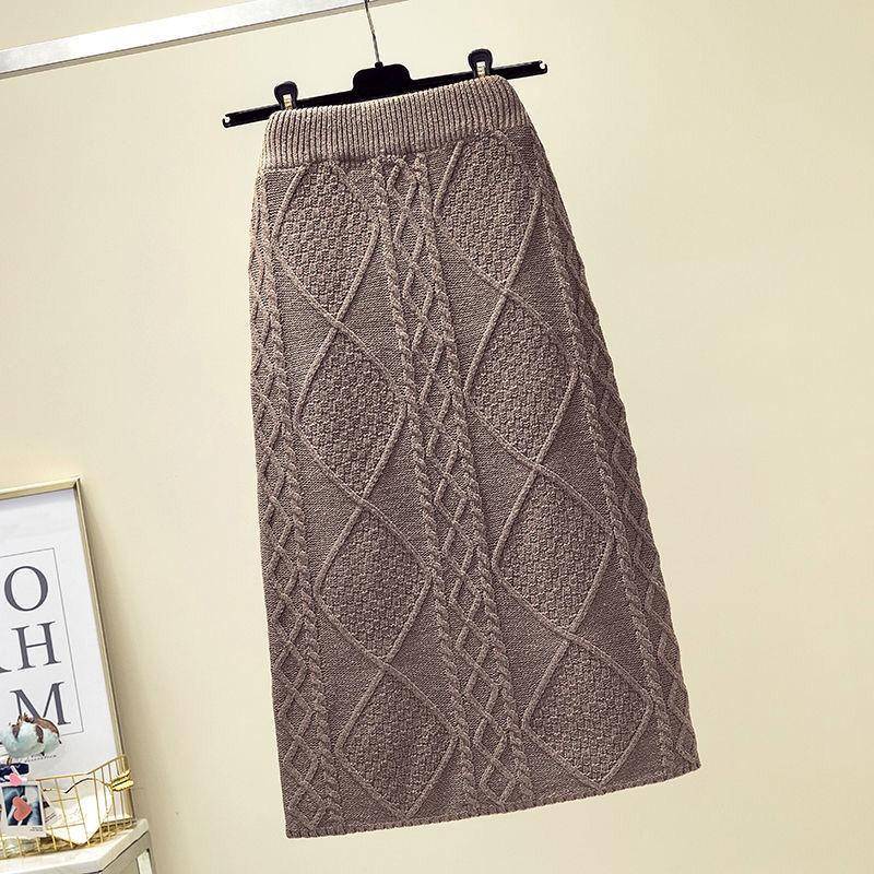 Lässiger Strickrock Damen Herbst und Winter Hohe Taille Uni Midilänge Wolle Wickelrock One Size dunkelbraune von Joom DACH
