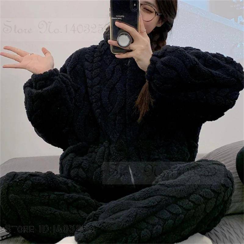 Lässiger warmer Pyjama aus Korallenfleece, dicker Jacquard-Flanell, Damen-Winter-Rollkragenpullover, Nachtwäsche, Hosenanzüge, Homewear, Loungewear 2XL von Joom DACH