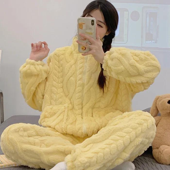 Lässiger warmer Pyjama aus Korallenfleece, dicker Jacquard-Flanell, Damen-Winter-Rollkragenpullover, Nachtwäsche, Hosenanzüge, Homewear, Loungewear 2XL von Joom DACH