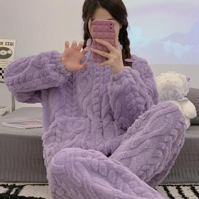 Lässiger warmer Pyjama aus Korallenfleece, dicker Jacquard-Flanell, Damen-Winter-Rollkragenpullover, Nachtwäsche, Hosenanzüge, Homewear, Loungewear 2XL von Joom DACH