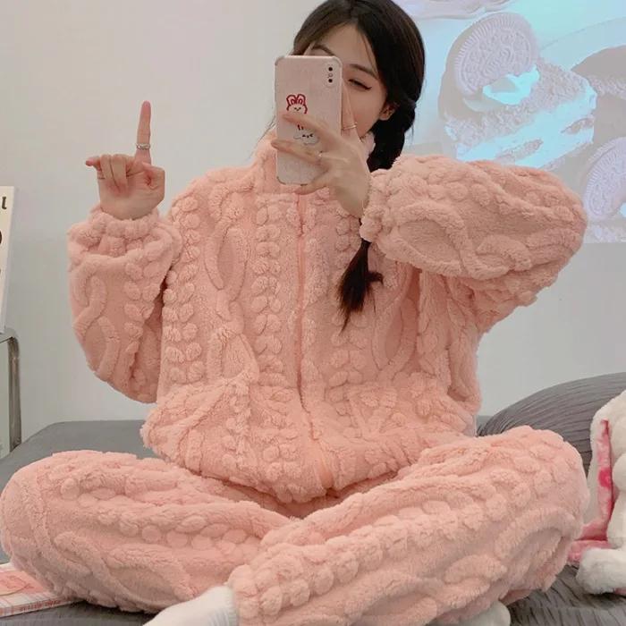 Lässiger warmer Pyjama aus Korallenfleece, dicker Jacquard-Flanell, Damen-Winter-Rollkragenpullover, Nachtwäsche, Hosenanzüge, Homewear, Loungewear M von Joom DACH