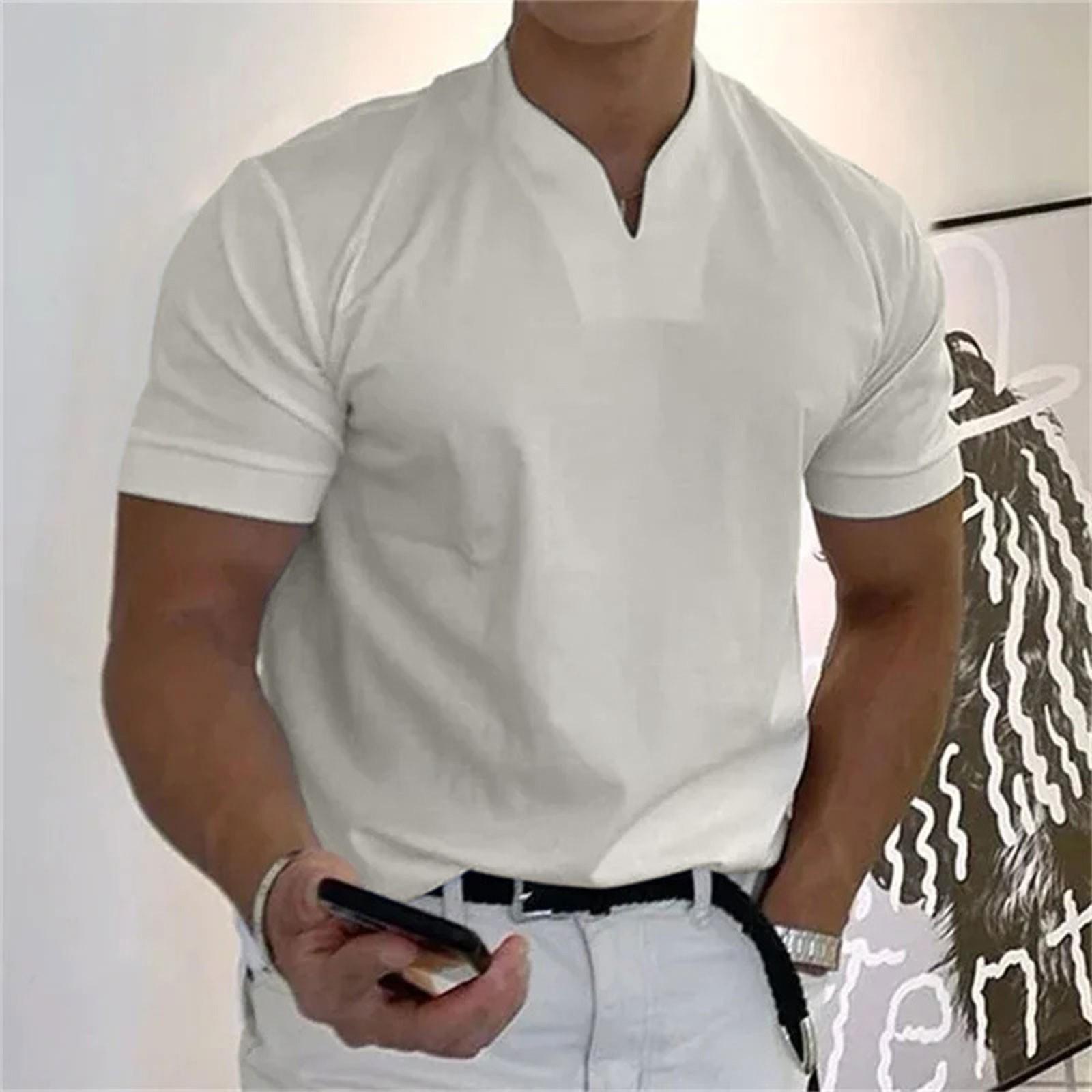 Lässiges, einfarbiges Gentleman-Business-Kurzarm-Fitness-T-Shirt für Herren mit V-Ausschnitt XL weiß von Joom DACH