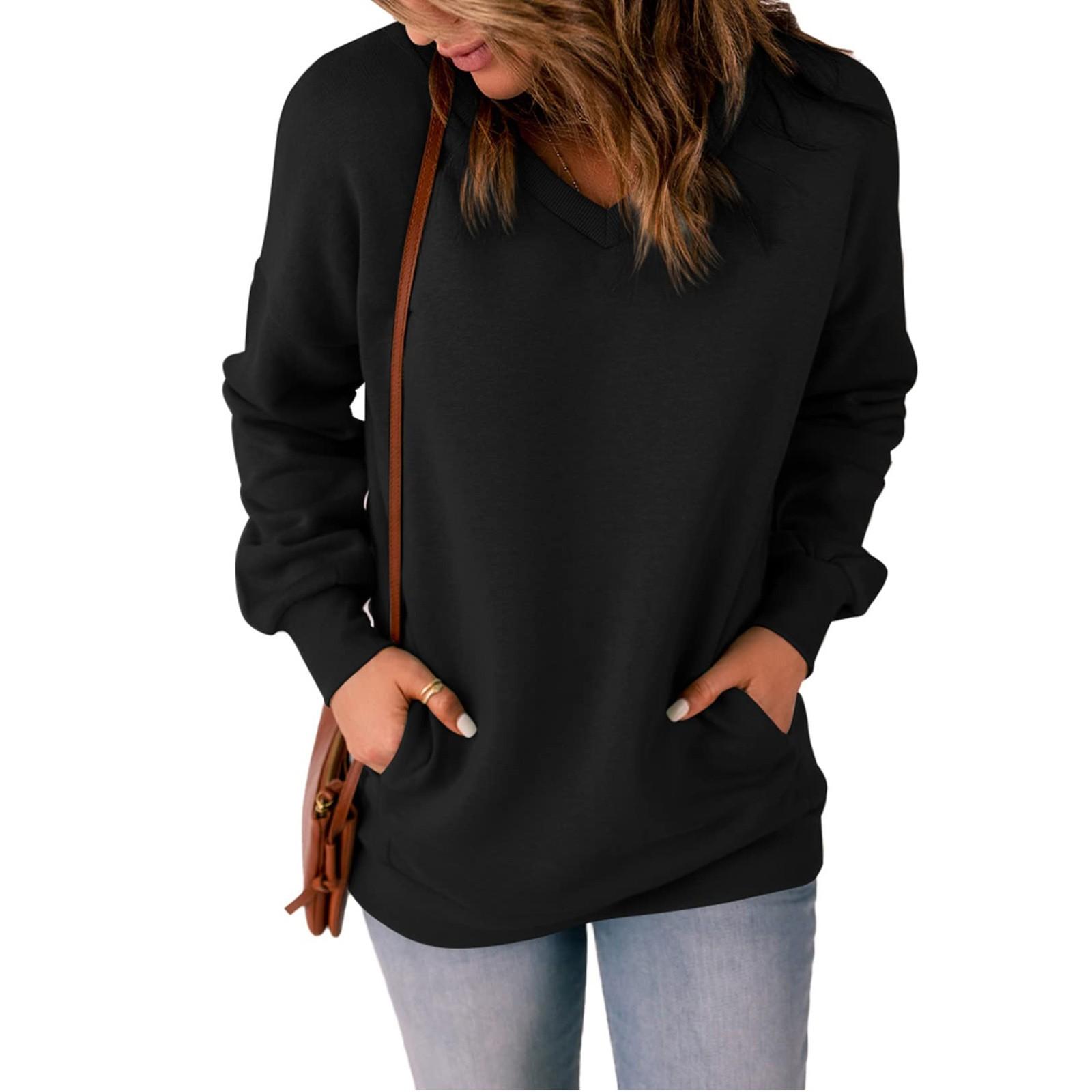 Lässiges Damen-Sweatshirt mit V-Ausschnitt, lockere, weiche Langarm-Pullover-Oberteile, solide Hemden mit Seitentaschen XXL schwarz von Joom DACH