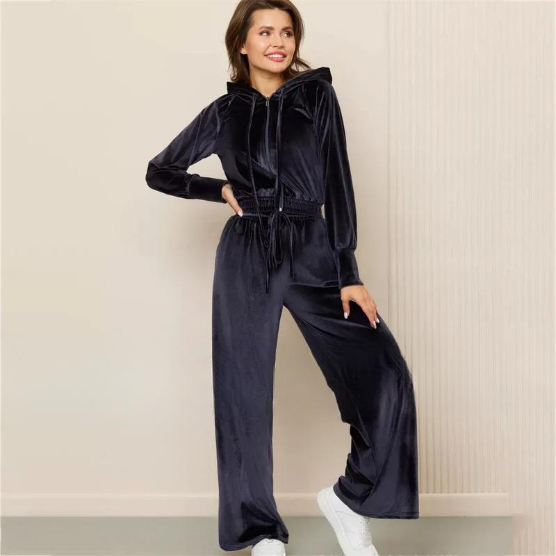 Lässiges Pyjama-Hosen-Set Herbst und Winter Gänsesamt Damen 2-teiliges Pyjama-Set Loungewear Reißverschluss Offener Samt Kapuze Loungewear M von Joom DACH