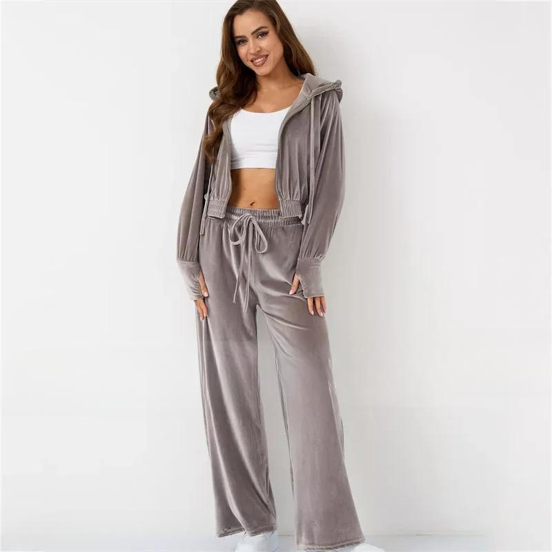 Lässiges Pyjama-Hosen-Set Herbst und Winter Gänsesamt Damen 2-teiliges Pyjama-Set Loungewear Reißverschluss Offener Samt Kapuze Loungewear XL von Joom DACH