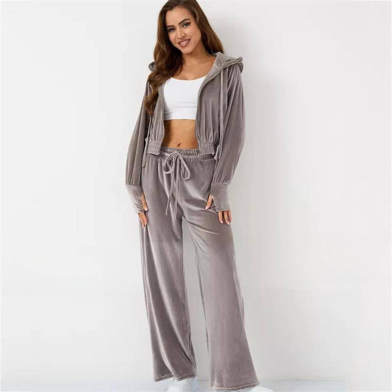 Lässiges Pyjama-Hosen-Set Herbst und Winter Gänsesamt Damen 2-teiliges Pyjama-Set Loungewear Reißverschluss Offener Samt Kapuze Loungewear XL von Joom DACH