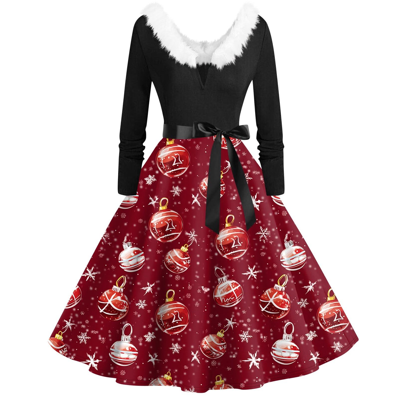 Lässiges und modisches langärmliges Kleid mit V-Ausschnitt und Weihnachtsdruck sowie passendem Reißverschluss für Damen L weinrot von Joom DACH