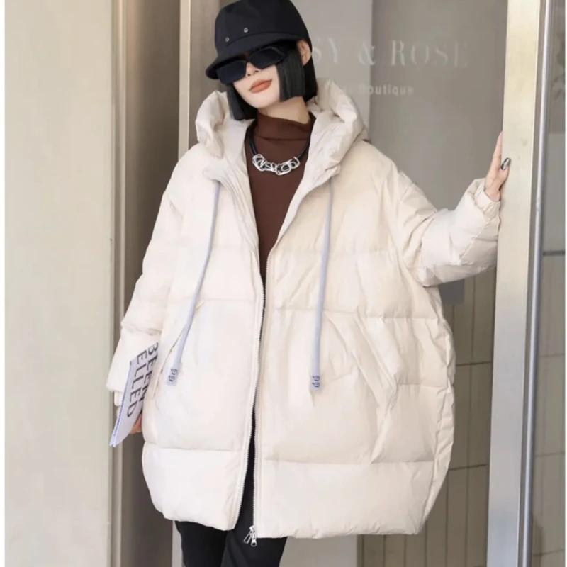 Lagabogy Mittellanger Puffermantel Lässiger Wintermantel für Damen Lockere Dicke weiße Entendaunenjacke für Damen Feste Winddichte Parkas mit Kapuze one size beige von Joom DACH