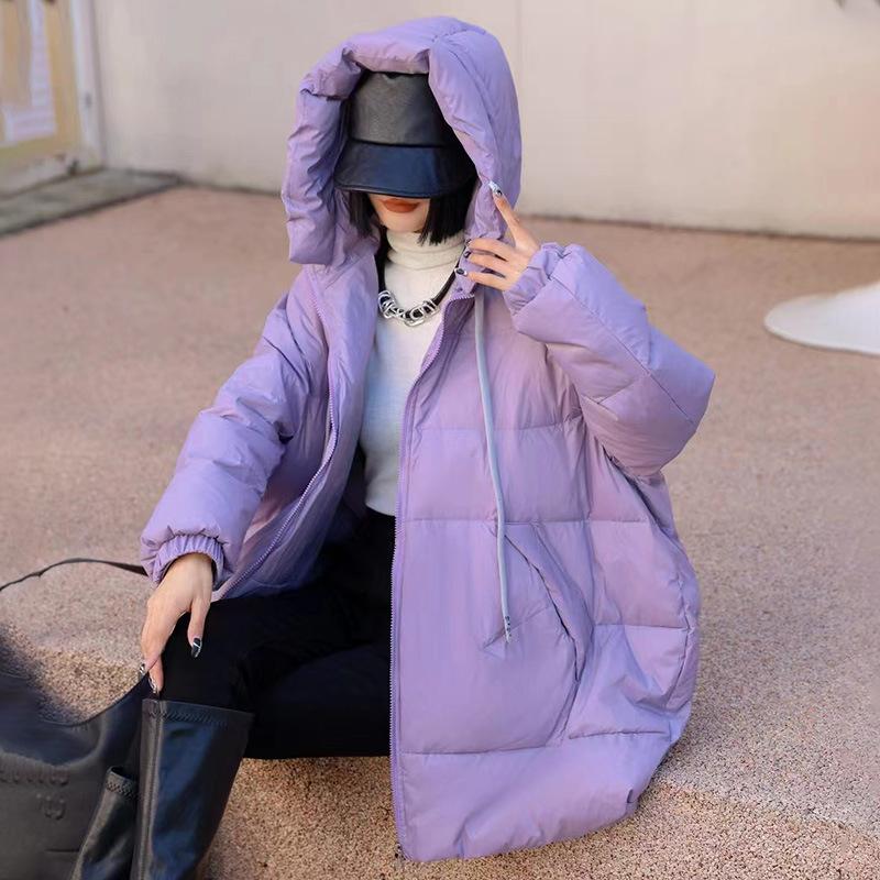 Lagabogy Mittellanger Puffermantel Lässiger Wintermantel für Damen Lockere Dicke weiße Entendaunenjacke für Damen Feste Winddichte Parkas mit Kapuze one size violett von Joom DACH