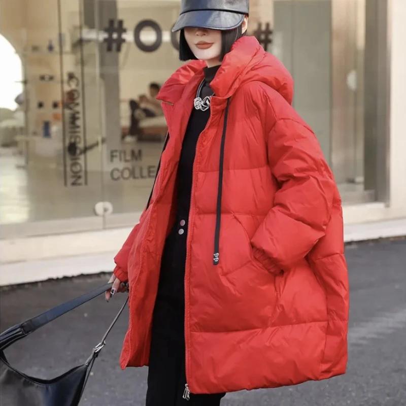 Lagabogy Mittellanger Puffermantel Lässiger Wintermantel für Damen Lockere Dicke weiße Entendaunenjacke für Damen Feste Winddichte Parkas mit Kapuze one size rot von Joom DACH