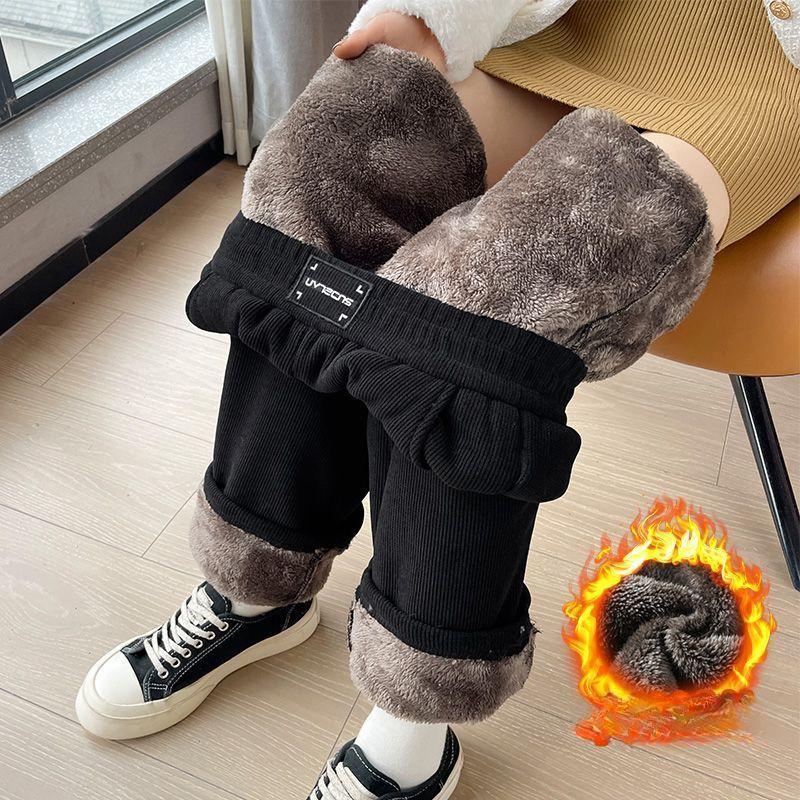 Lamm Fleece Warme Gerade Koreanische Hosen Jogger Frauen Winter Breite Bein Hosen Frauen Plüsch Hosen XXXXL schwarz von Joom DACH