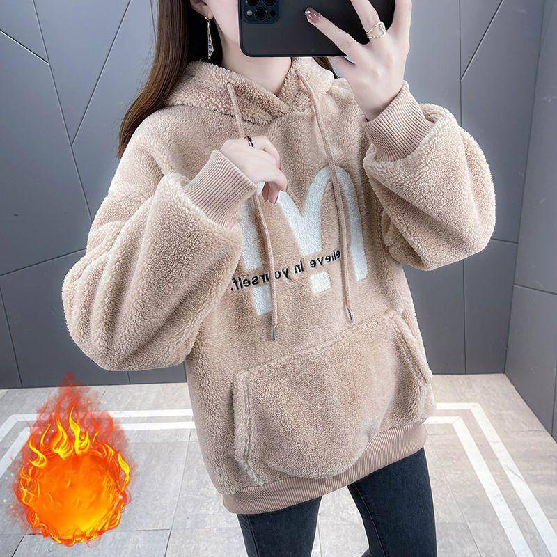 Lamm Samt Sweatshirt im Winter Plus Samt verdickt Neuer Mantel für Damen Doppelseitiges Fleece Studenten Locker Koreanisch Oberteil Lazy S von Joom DACH