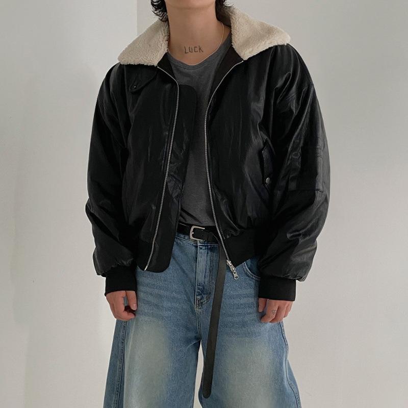 Lammfell PU Leder Kurzer Baumwollmantel Herren Winter Revers Warmer Baumwollmantel Koreanischer Stil Trendige Lederjacke 2XL schwarz von Joom DACH