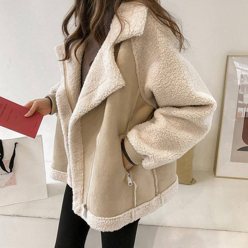 Lammsamtjacke Damen Winter Lockeres Fell All-in-One Wildlederjacke Kurze Lammsamt Warme Motorradjacke S beige von Joom DACH