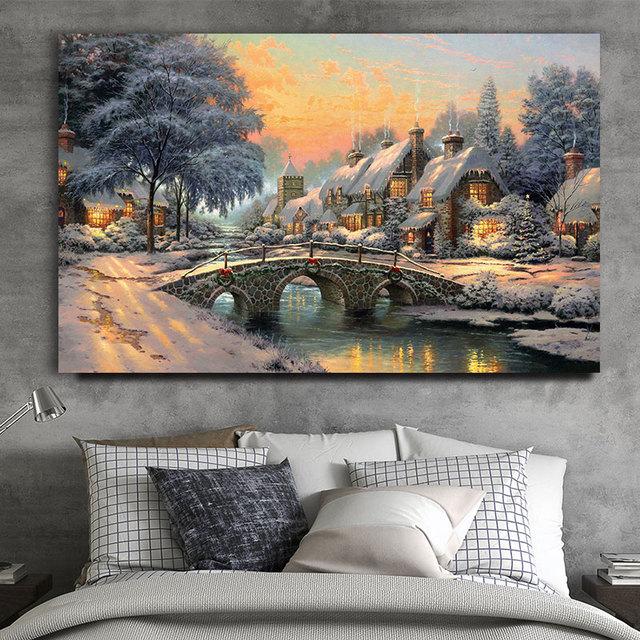 Landschaft Leinwand Malerei Schnee Szene Drucke Winter Weihnachten Poster und Drucke für Wohnzimmer Dekoration Home Decor Cuadros 40cm×50cm NoFrame von Joom DACH
