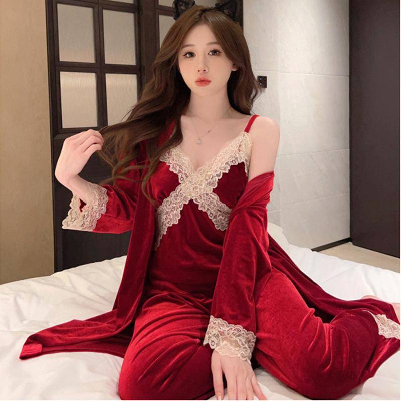 Langärmelige Hosen Hauskleid Pyjama für Damen Dreiteiliges Pyjama-Set Damen Frühling Herbst Winter Süße Spitze Schnürung Strickjacke 2XL rot von Joom DACH