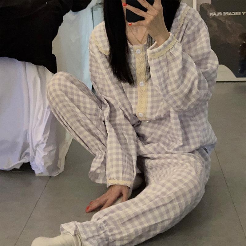 Langärmelige Pyjama-Sets für Damen O-Ausschnitt Kariert Bedruckte Nachtwäsche Pyjamas Nachtwäsche-Set Junges Mädchen Pijama-Set Femme Homewear XL violett von Joom DACH