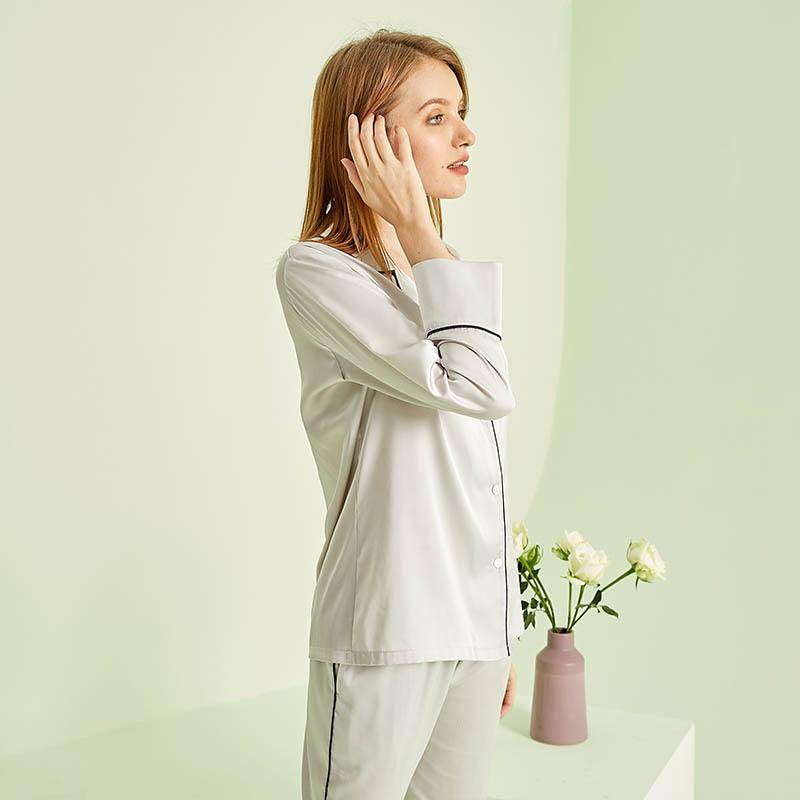 Langärmeliger Satin-Cardigan, Pyjamahose, lockerer Freizeit-Hausanzug, Damen-Pyjama in Unifarben L von Joom DACH