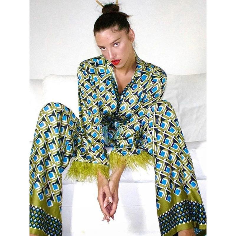 Langärmlige karierte Federhose, 2-teiliges Pyjama-Set für Damen, Reversblusen, Anzüge, Schlafanzug, hohe Taille, gerade Hose, Pyjama-Set XL von Joom DACH