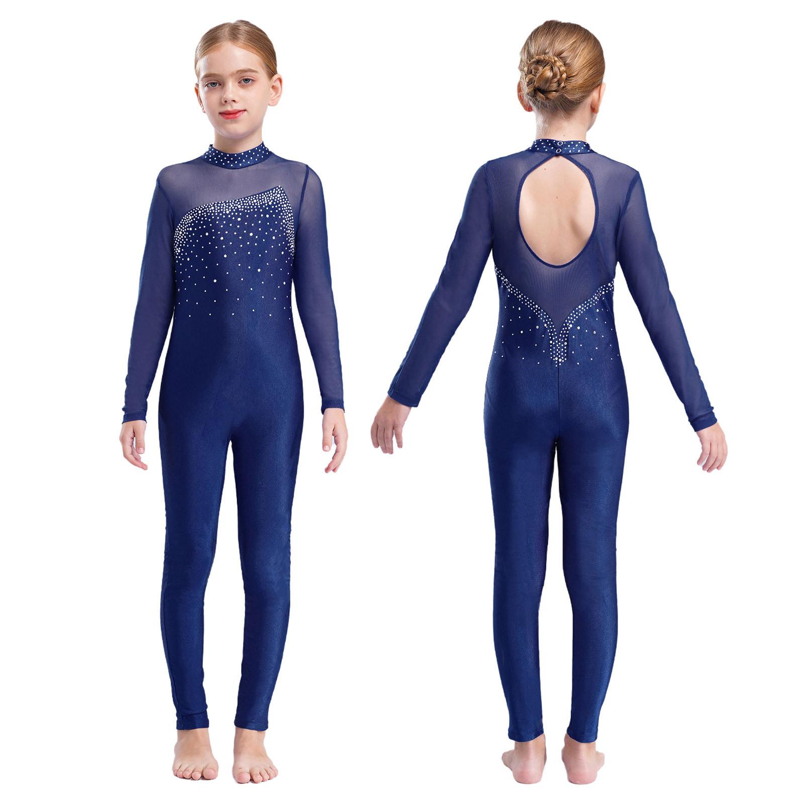 Langärmliger, langärmeliger, glänzender Strass-Hohlrücken-Skateanzug für Kinder, Mädchen, einteiliger Gymnastik-Overall 11-12 Years navy blau von Joom DACH