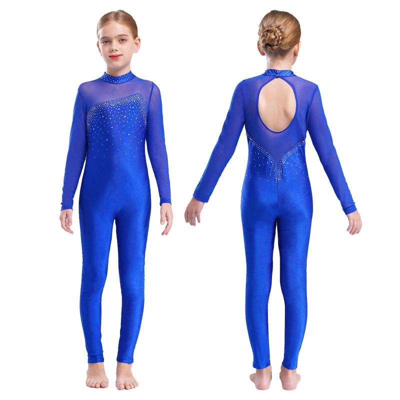 Langärmliger, langärmeliger, glänzender Strass-Hohlrücken-Skateanzug für Kinder, Mädchen, einteiliger Gymnastik-Overall 11-12 Years königsblau von Joom DACH