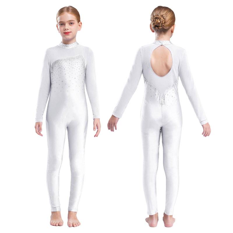 Langärmliger, langärmeliger, glänzender Strass-Hohlrücken-Skateanzug für Kinder, Mädchen, einteiliger Gymnastik-Overall 5-6 Years weiß von Joom DACH