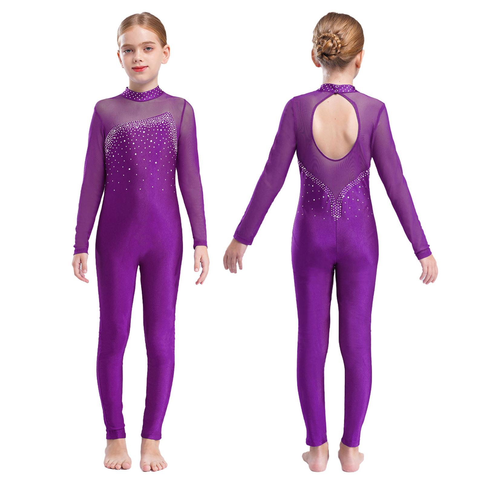 Langärmliger, langärmeliger, glänzender Strass-Hohlrücken-Skateanzug für Kinder, Mädchen, einteiliger Gymnastik-Overall 7-8 Years violett von Joom DACH