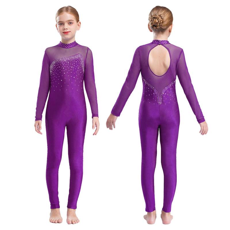 Langärmliger, langärmeliger, glänzender Strass-Hohlrücken-Skateanzug für Kinder, Mädchen, einteiliger Gymnastik-Overall 7-8 Years violett von Joom DACH