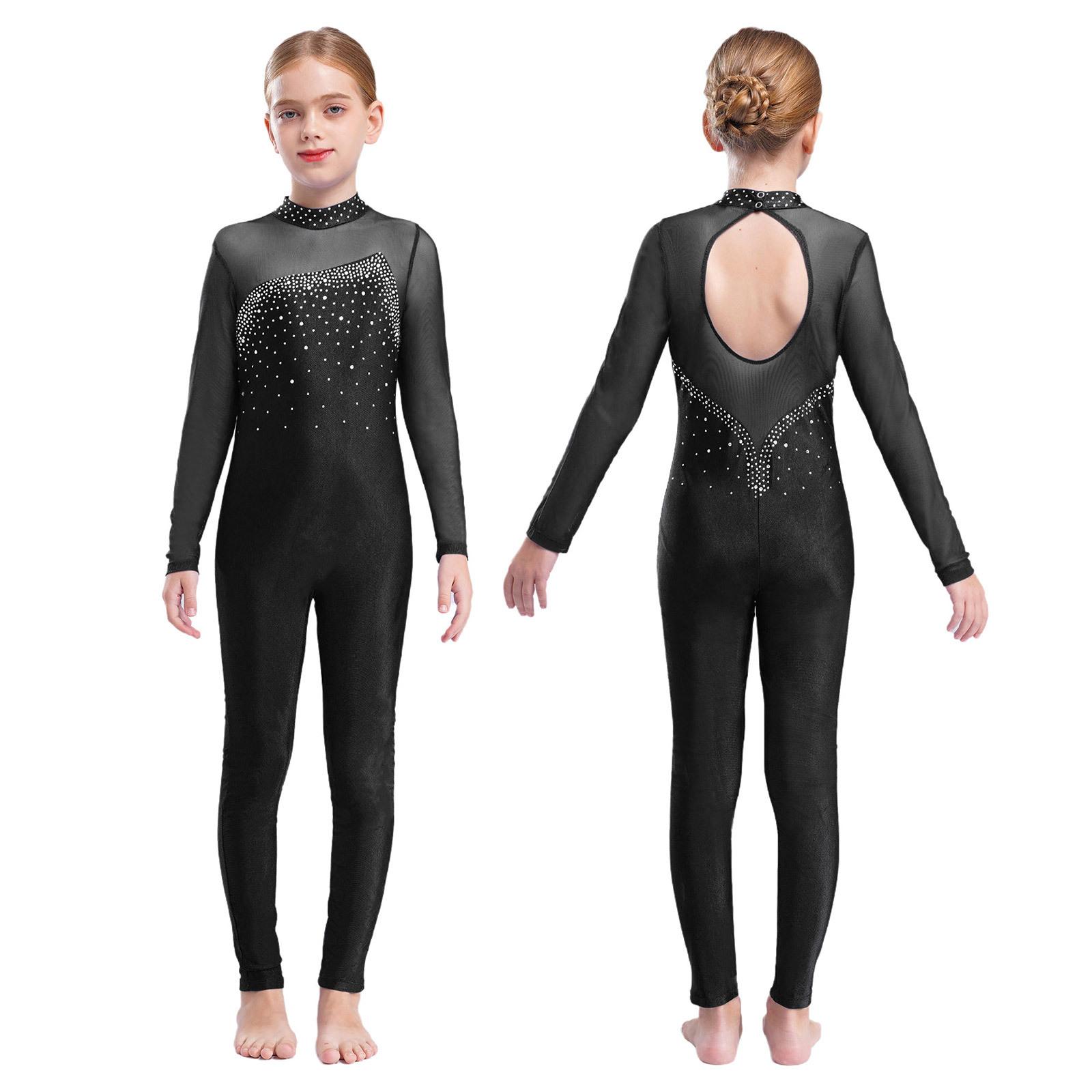 Langärmliger, langärmeliger, glänzender Strass-Hohlrücken-Skateanzug für Kinder, Mädchen, einteiliger Gymnastik-Overall 9-10 Years schwarz von Joom DACH
