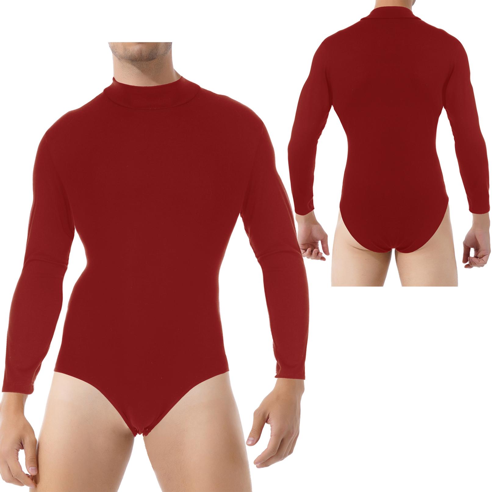 Langärmliger Herren-Bodysuit mit Stehkragen und Druckknopf im Schritt, Overall für Eiskunstlauf-Tanz M rot von Joom DACH